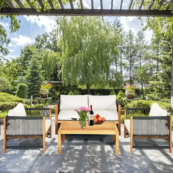 Gymax 4PCS Acacia Wood Outdoor Patio Furniture Conversation Set W/ White Cushions