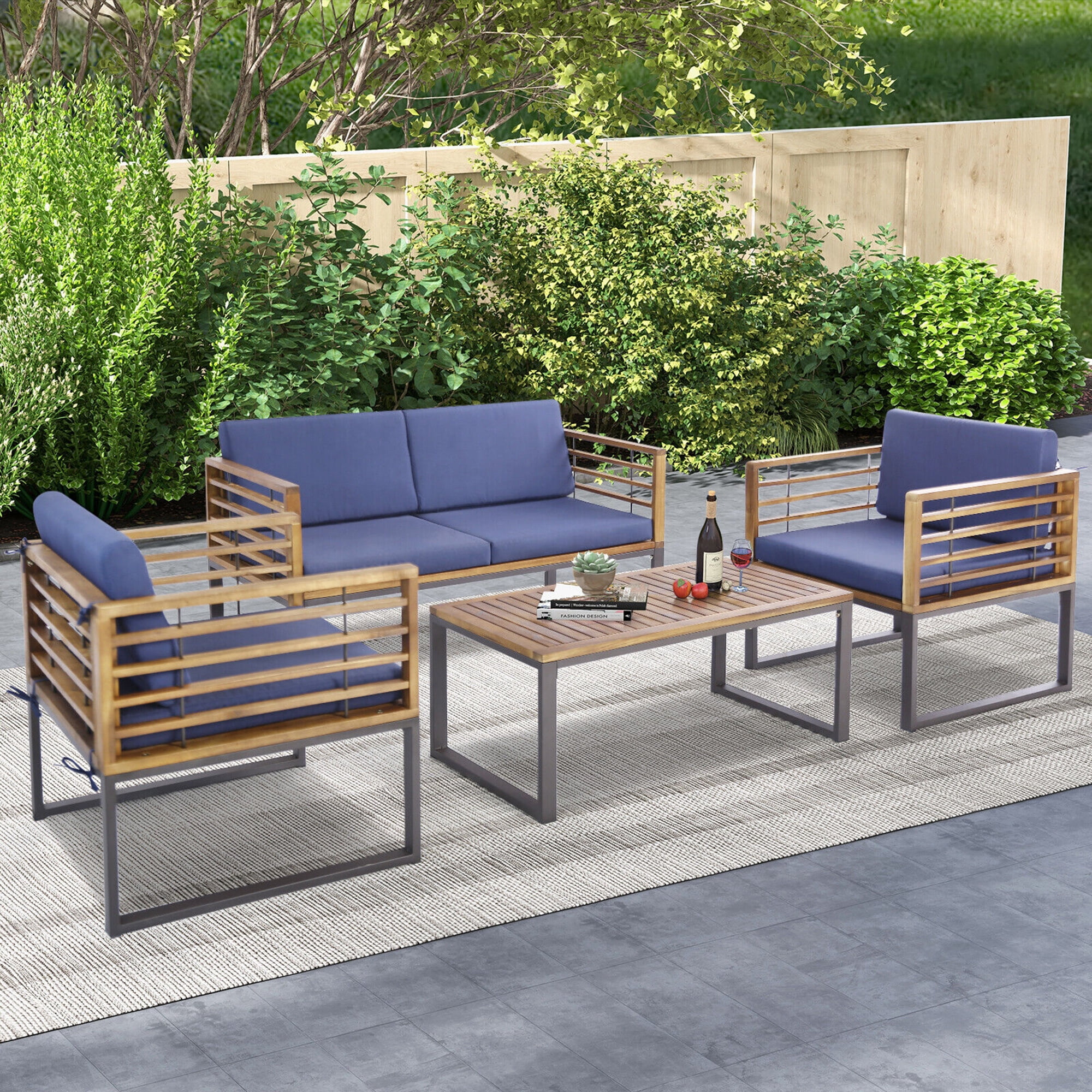 Gymax 4PCS Acacia Wood Outdoor Patio Set Navy Cushioned Conversation