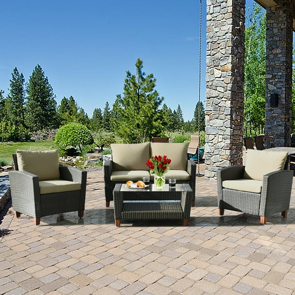 Gymax 4PCS Cushioned Rattan Conversation Set w/ Coffee Table Patio Outdoor
