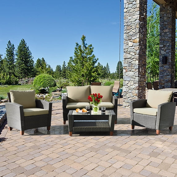 Gymax 4PCS Cushioned Rattan Conversation Set w/ Coffee Table Patio Outdoor