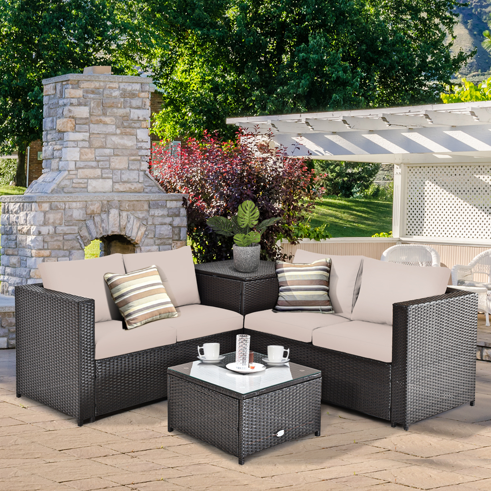 Gymax 4PCS Cushioned Rattan Patio Conversation Set w/ Coffee Table Side Table - image 1 of 10