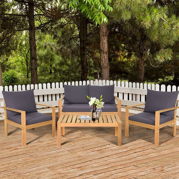 Gymax 4PCS Cushioned Wooden Conversation Set Patio Outdoor Furniture Set