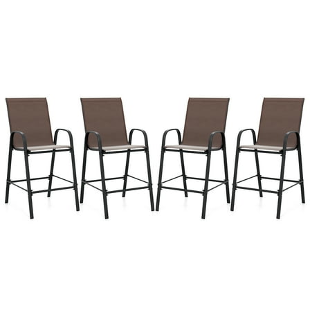 Gymax 4PCS Outdoor Bar Stools 29'' Fabric Bar Height Stools w/ Armrests & Footrest Brown