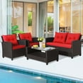 thumbnail image 1 of Gymax 4PCS Outdoor Conversation Set Patio PE Rattan Set w/ Glass Table & Sofa Cushions Red, 1 of 10