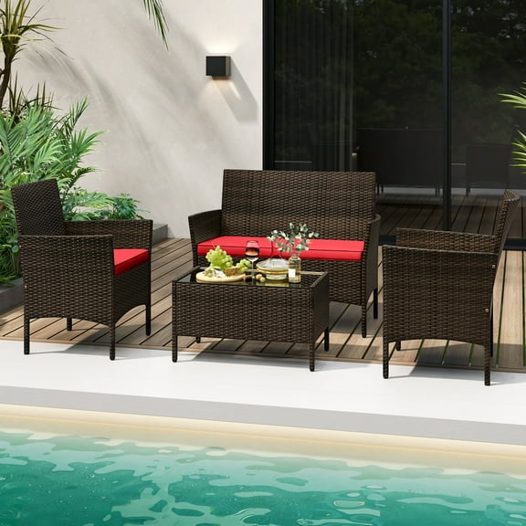 Gymax 4PCS Outdoor Furniture Set Patio Rattan Conversation Set w/ Red Cushion