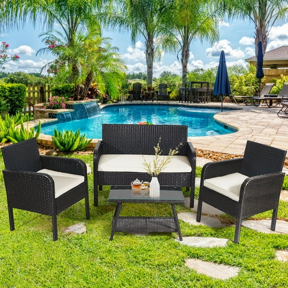 Gymax 4PCS Outdoor Rattan Furniture Set Patio Conversation Set w/ White Cushion