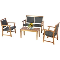 Gymax 4PCS Patio Acacia Wood Conversation Set Outdoor Rattan Furniture Set