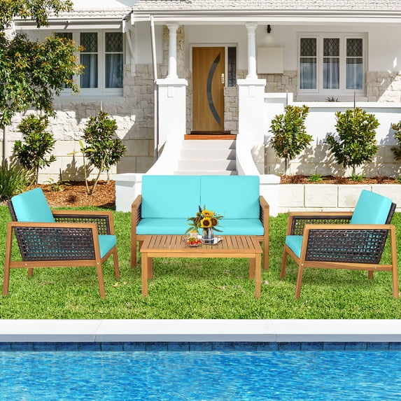 Gymax 4PCS Patio Acacia Wood Furniture Set PE Rattan Conversation Set w/ Turquoise Cushions