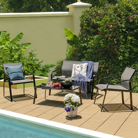 Gymax 4PCS Patio Conversation Futniture Set w/ Fabric and Anti-Rust Steel Frame Grey