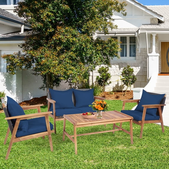 Gymax 4PCS Patio Conversation Set Wood Frame Furniture Set w/ Navy Cushions