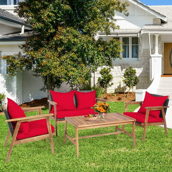 Gymax 4PCS Patio Conversation Set Wood Frame Furniture Set w/ Red Cushions