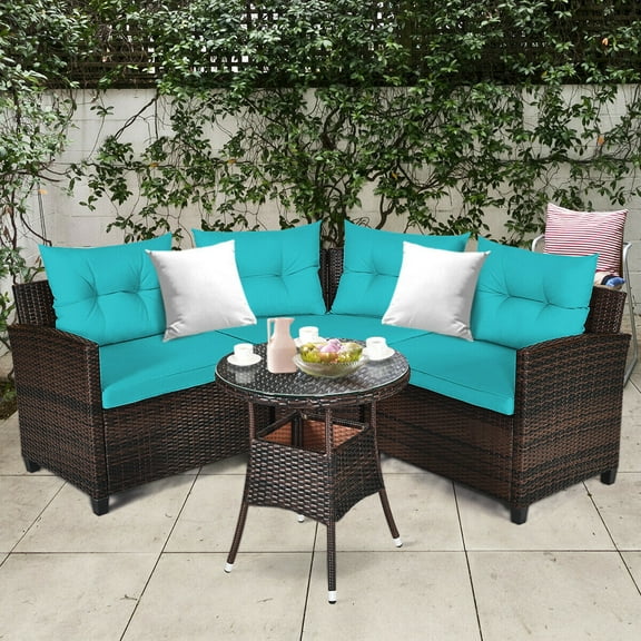 Gymax 4PCS Patio Furniture Set Outdoor Rattan Sectional Sofa Set w/ Turquoise Cushions