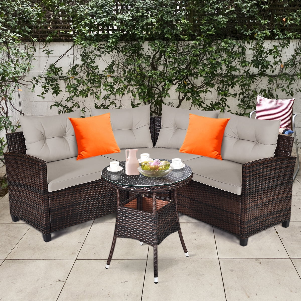Gymax 4PCS Patio Furniture Set Outdoor Rattan Sectional w/ Cushioned Sofa Table