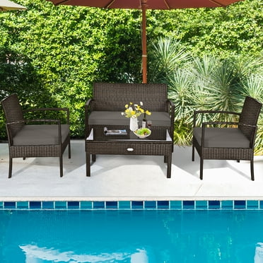 Gymax 4PCS Patio Garden Outdoor Rattan Wicker Furniture Set Brown