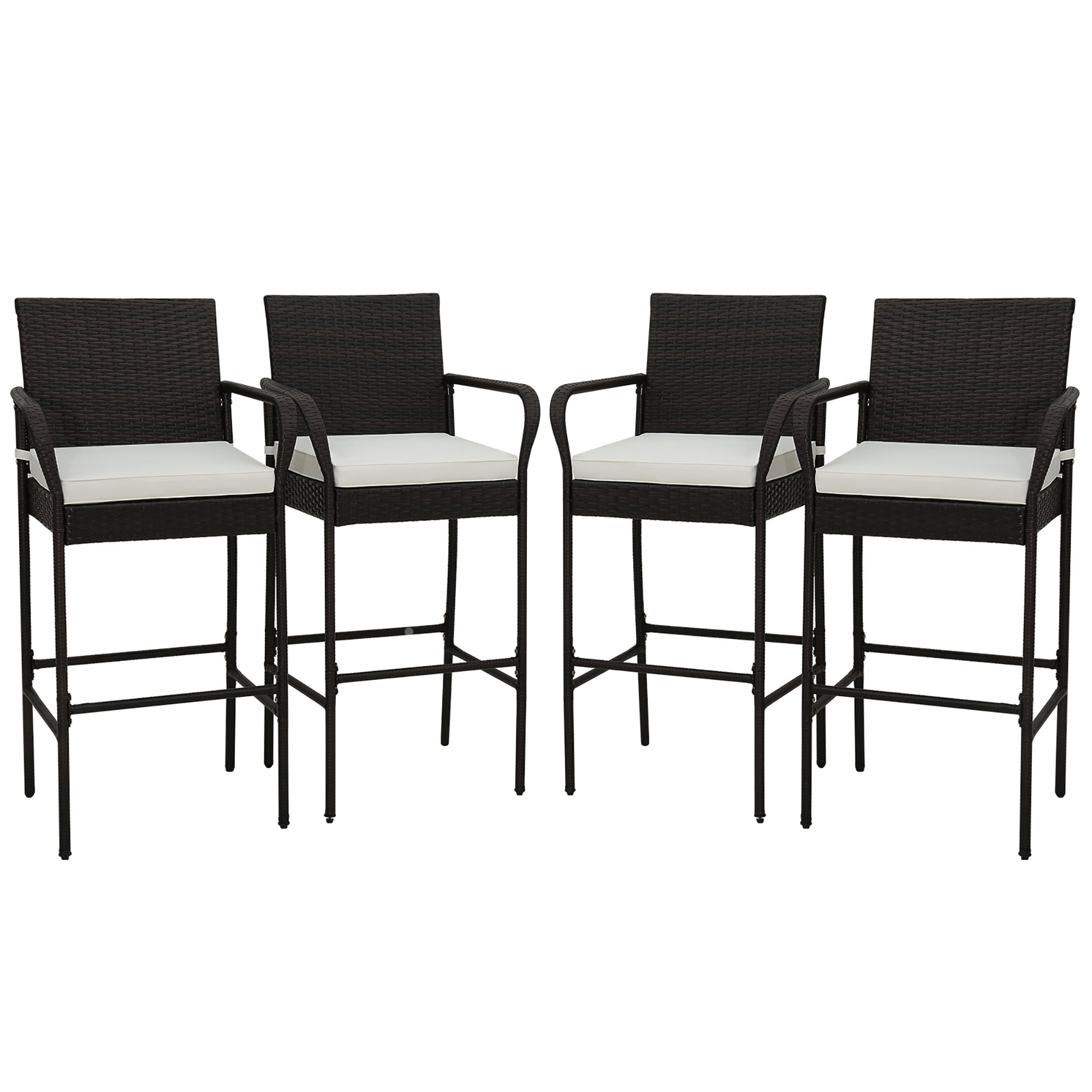 Gymax 4PCS Outdoor Rattan Patio PE Wicker Bar Chairs, Counter Height Barstools with Armrests & Cushions