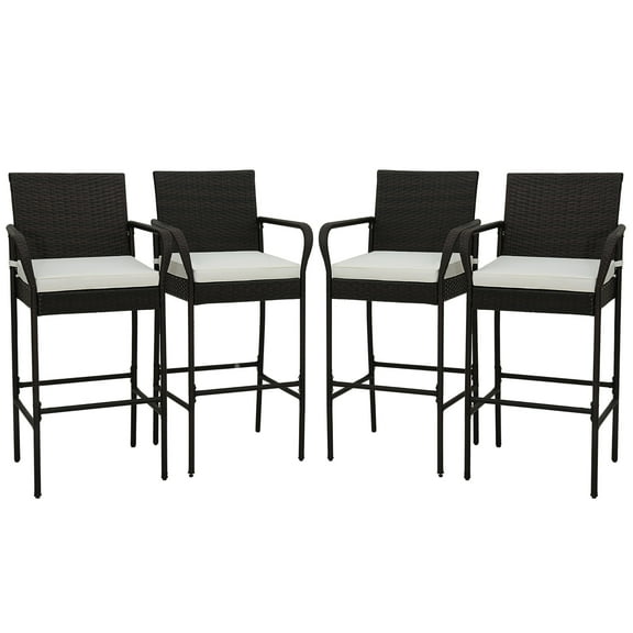 Gymax 4PCS Patio PE Wicker Bar Chairs Counter Height Barstools With Armrests & Cushions
