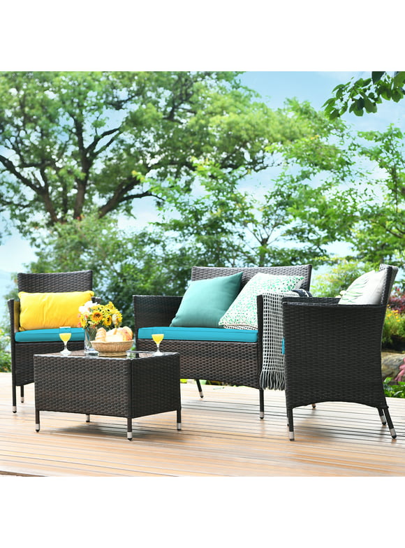 Gymax 4PCS Patio Rattan Conversation Furniture Set Outdoor Turquoise Cushioned
