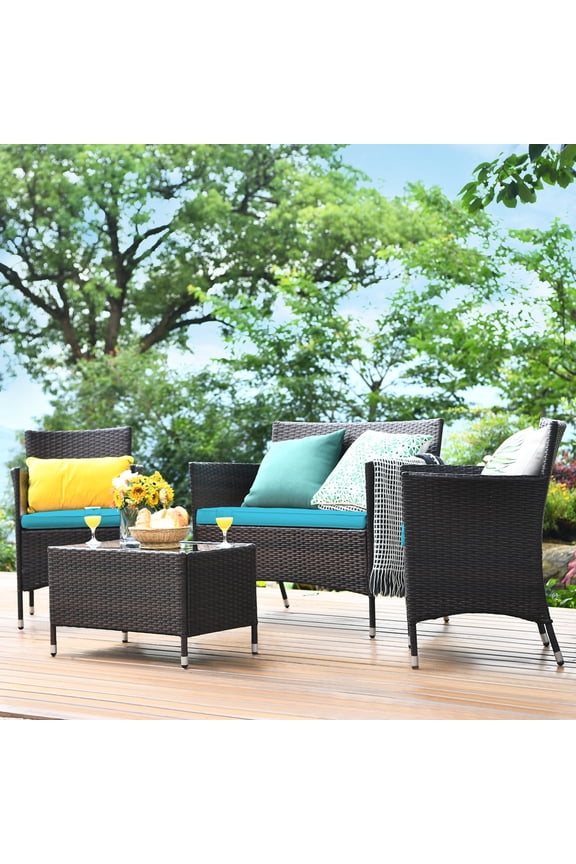 4PCS Patio Rattan Conversation Furniture Set Outdoor Turquoise Cushioned