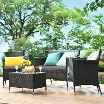 Gymax 4PCS Patio Rattan Conversation Furniture Set Outdoor w/ Red Cushion
