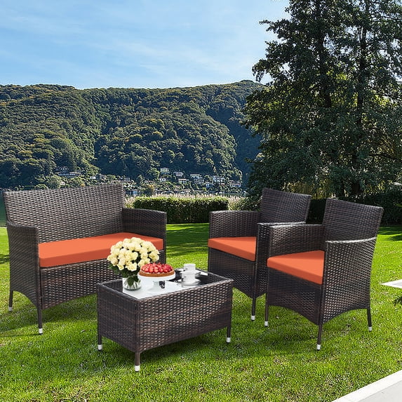 Gymax 4PCS Patio Rattan Conversation Furniture Set Outdoor with Orange Cushion