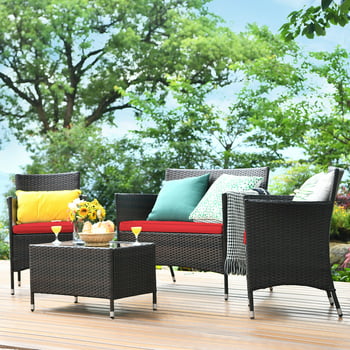 Gymax 4PCS Patio Rattan Conversation Furniture Set Outdoor w/ Red Cushion
