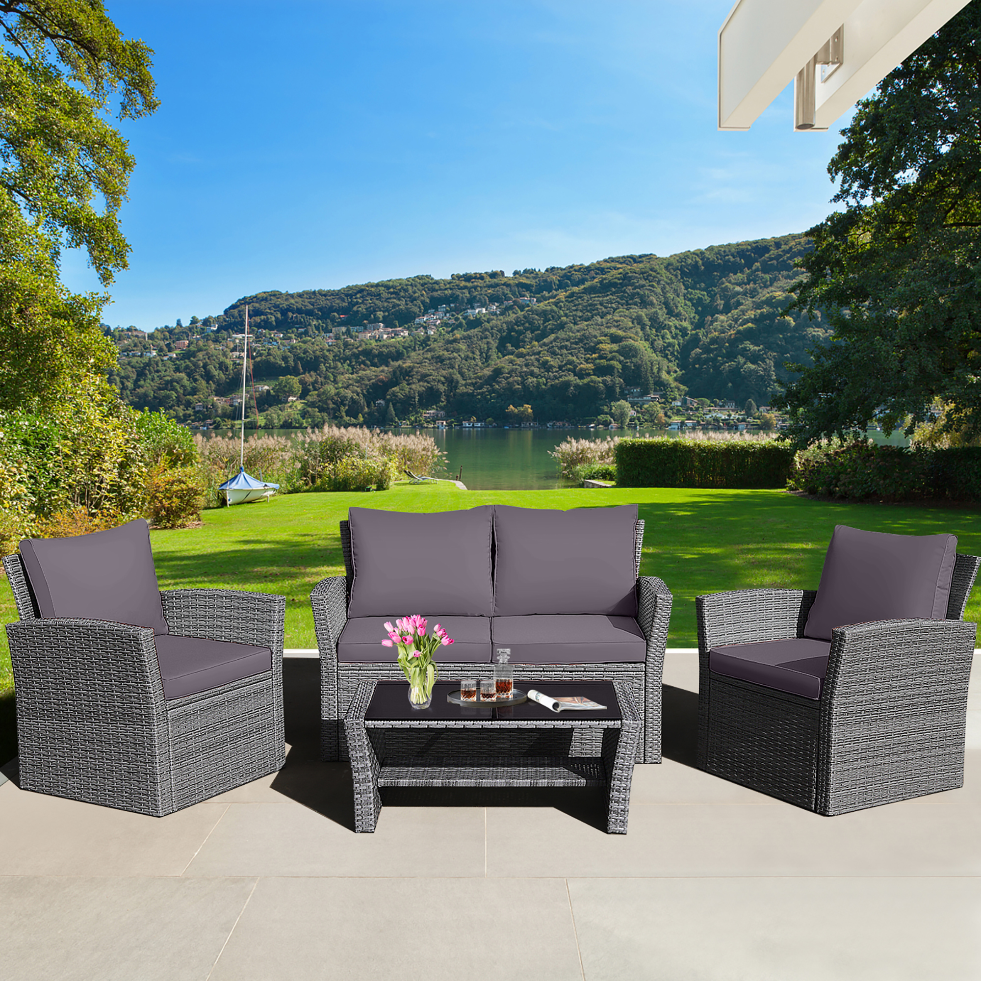 Gymax 4PCS Patio Rattan Conversation Set Outdoor Furniture Set w/ Grey Cushions - image 1 of 10