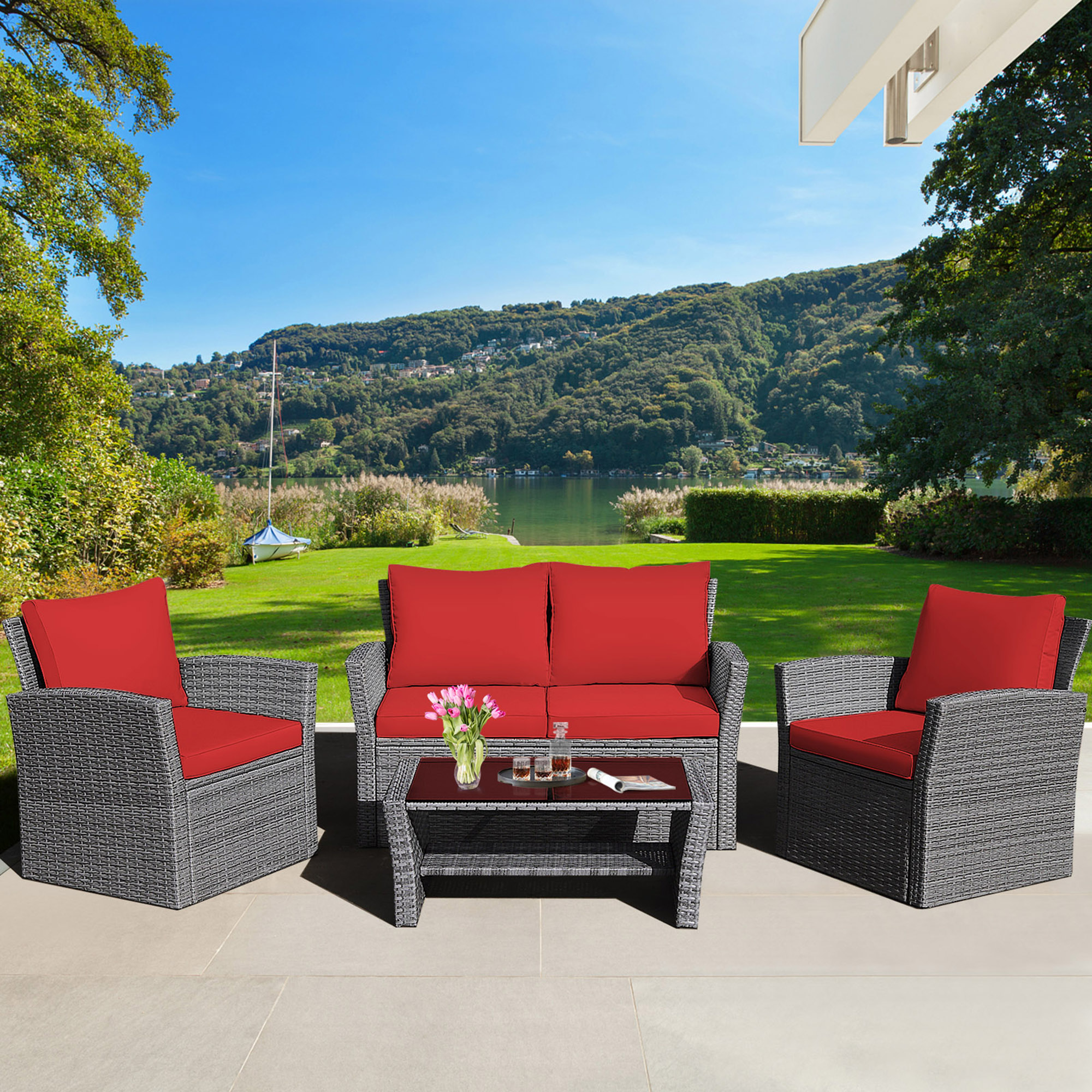 Gymax 4PCS Rattan Patio Conversation Set Red Cushioned Outdoor