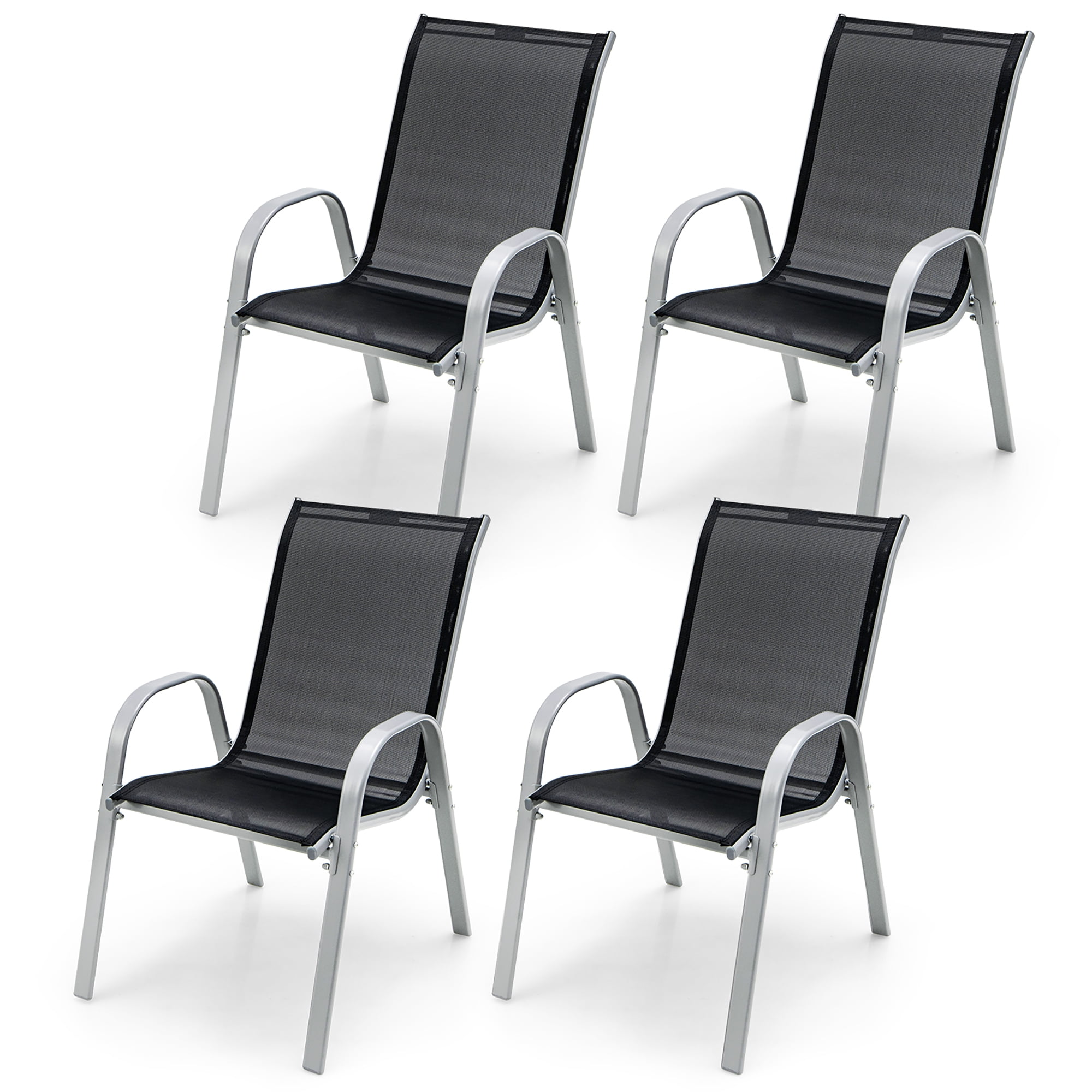 Black Stackable Outdoor Dining Chairs with Armrests, Set of 4