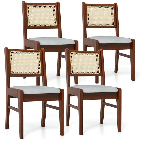 Gymax 4PCS Rattan Dining Chairs Upholstered Kitchen Chairs w/ Rubber Wood Frame