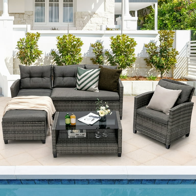 Gymax 4PCS Outdoor Rattan Patio Conversation Furniture Set