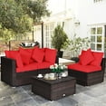 thumbnail image 1 of Gymax 4PCS Rattan Patio Conversation Furniture Set Yard Outdoor w/ Red Cushion, 1 of 10
