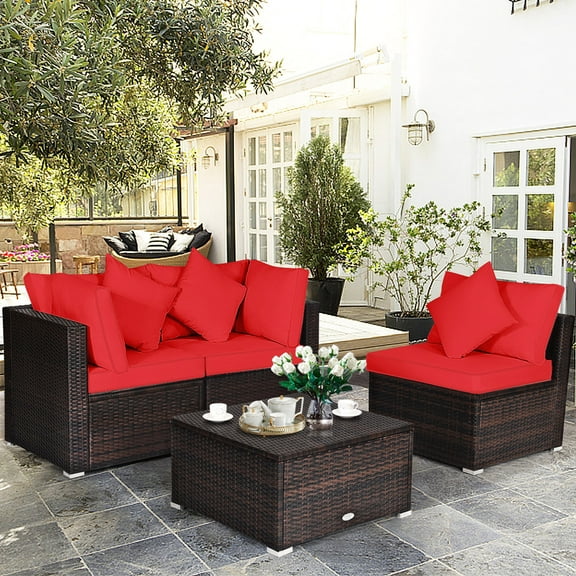 Gymax 4PCS Rattan Patio Conversation Furniture Set Yard Outdoor w/ Red Cushion