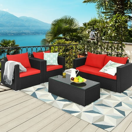 Gymax 4PCS Rattan Patio Conversation Pieces garden Furniture Set with Loveseat and Red Cushions
