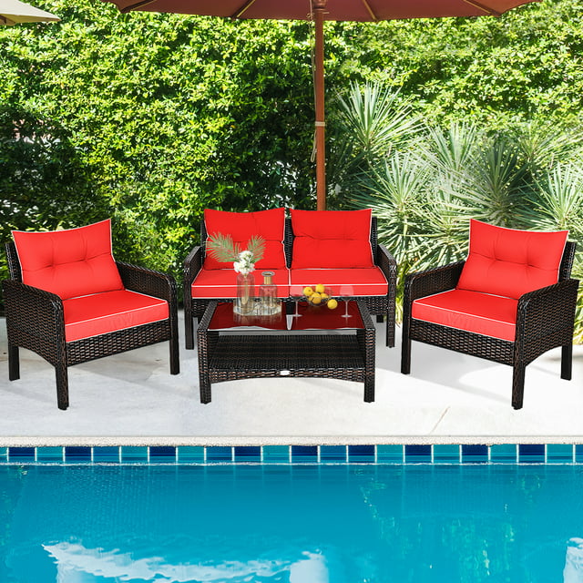 Gymax 4PCS Rattan Patio Conversation Set Red Cushioned Outdoor Furniture Set
