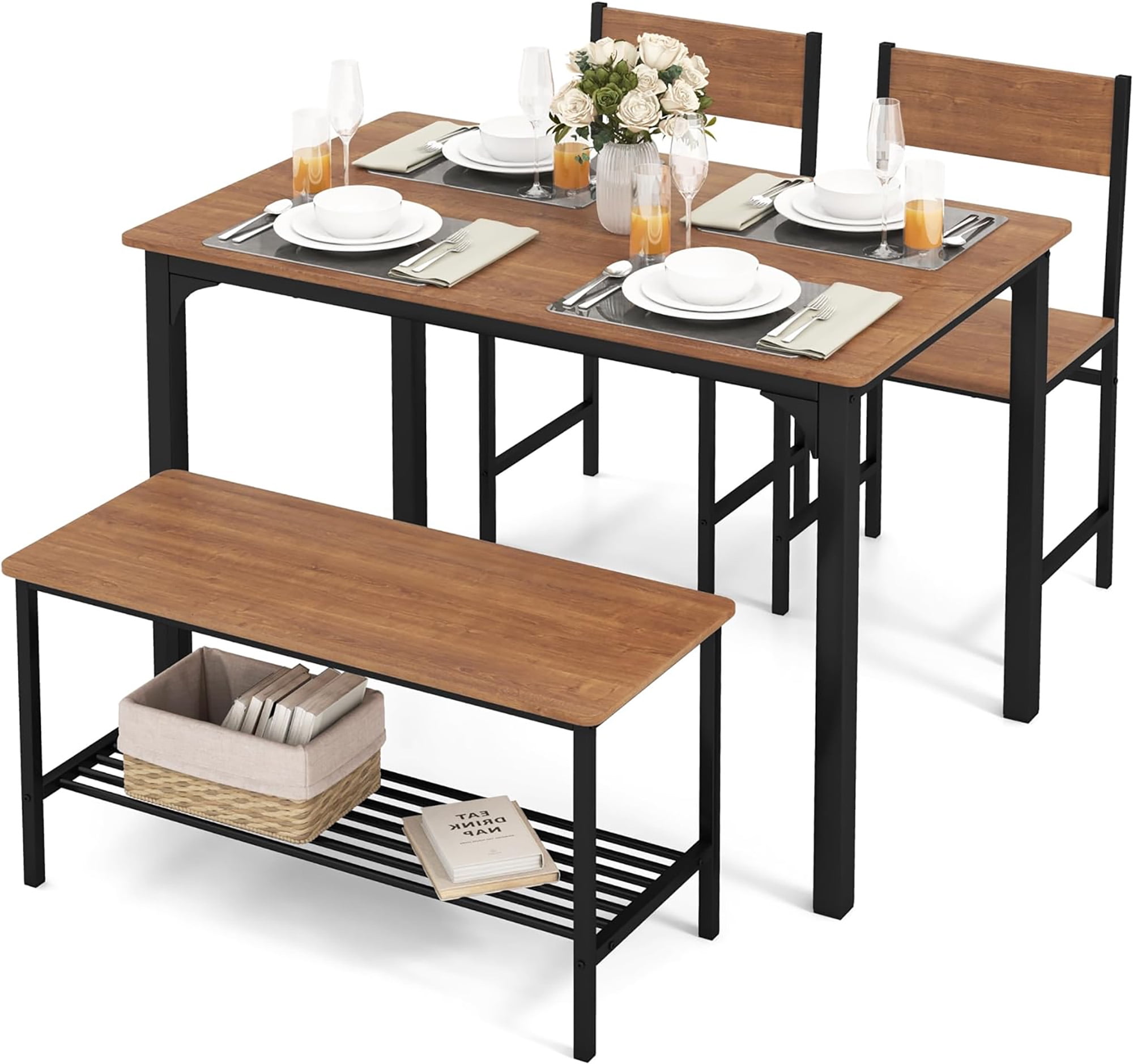 Gymax 4pcs Dining Table Set Rustic Desk 2 Chairs Bench w Storage Rack Brown