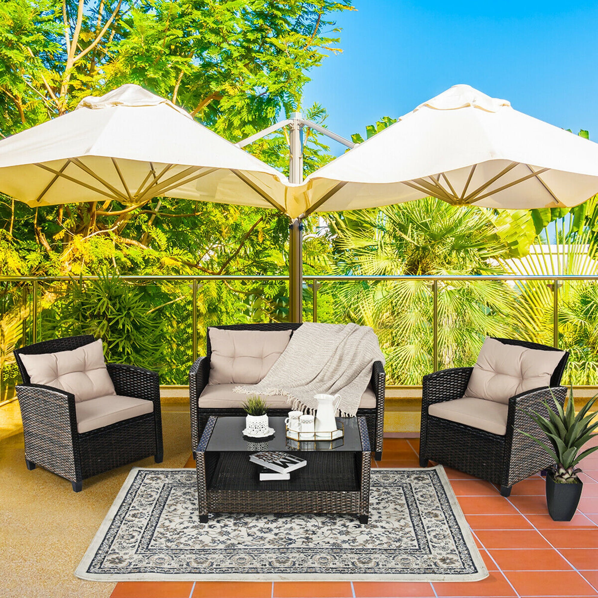 Gymax 4pcs Patio Rattan Conversation Set Cushioned Outdoor Furniture