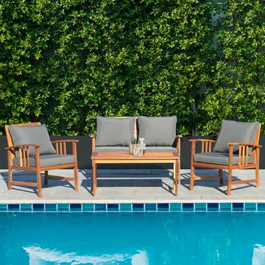Gymax 4pcs Wooden Patio Furniture Set Table & Sectional Sofa Garden