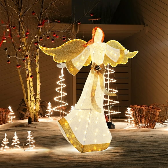 Gymax 5.2 FT Lighted Angel w/ Halo & Bow Zip Ties & Ground Stakes 180 LED Lights
