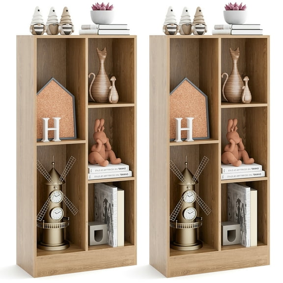 Gymax 5-Cube Bookshelf 41'' Floor Bookcase w/ 2 Anti-Tipping Kits Freestanding Storage Natural