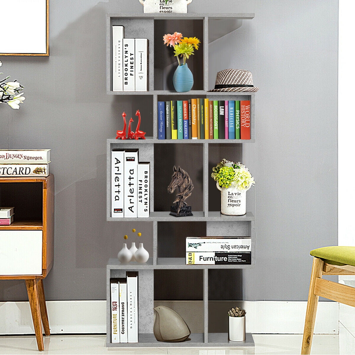 Gymax 5 Cubes Freestanding Corner Bookshelf Display Rack Bookcase Gray