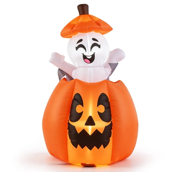 Gymax 5 FT Animated Halloween Inflatable Pumpkin & Rising Ghost w/Built-in LED Lights Orange & White
