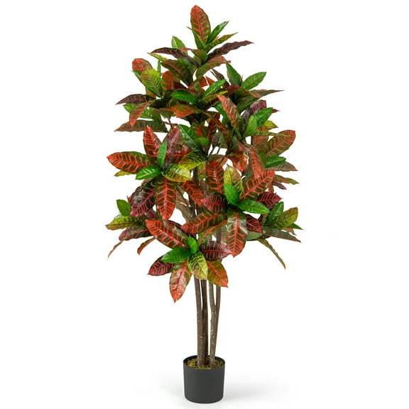 Gymax 5 FT Artificial Croton Plant w/ Multi-colored PEVA Leaves Solid Wood Trunk