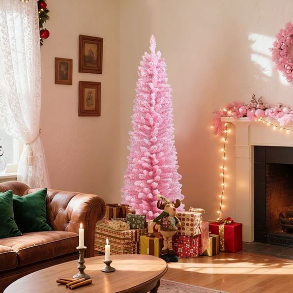 Gymax 5 FT Pink Artificial Christmas Tree Slim Pencil Xmas Tree w/ 328 Snow Flocked Branch Tips