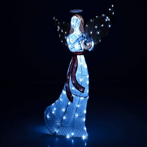 Gymax 5 FT Lighted Angel w/ Harp LED Lights Halo Zip Ties & Ground Stakes Christmas