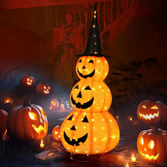 Gymax 5 FT Lighted Halloween Decorations Collapsible Stacked Pumpkins w/ Witch Hat