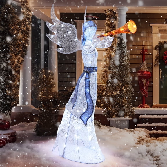 Gymax 5 FT Lighted Trumpeting Angel Light-up Christmas Angel w/ LED Lights Halo & Girdle