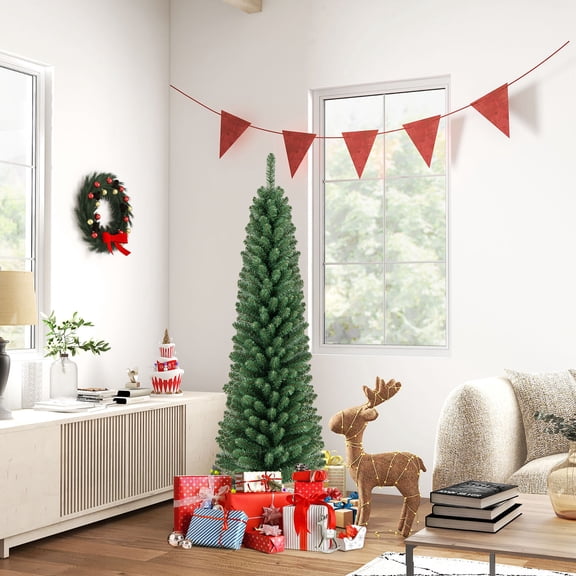 Gymax 5 FT Pencil Christmas Tree Artificial Xmas Tree w/ 295 Memory Wire Branch Tips