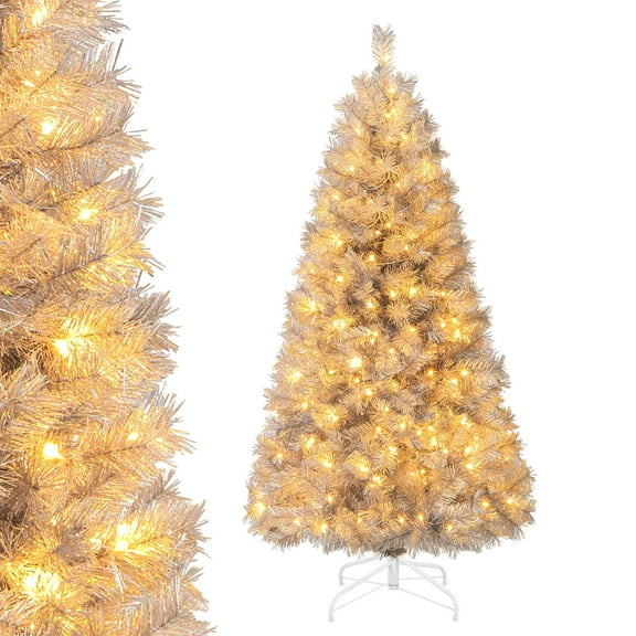 Gymax 5 FT Pre-Lit Artificial Christmas Tree Silver Tinsel Hinged Xmas Tree