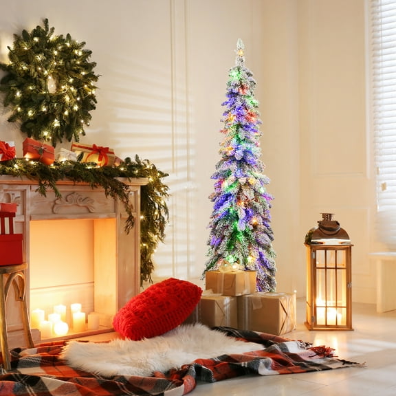 Gymax 5 FT Pre-Lit Artificial Christmas Tree Snow-Flocked Slim Pencil Christmas Tree