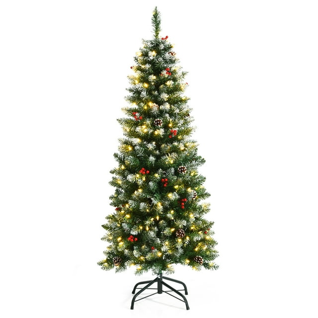 Gymax 5 FT Pre-lit Hinged Christmas Tree Artificial Pencil Xmas Tree w/ LED Lights